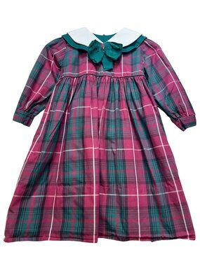 Mondays Child Girls Bow Collar Dress Long Sleeve Red Green Plaid Back Button Tie